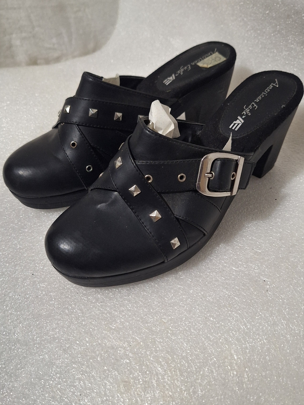 Black Studded Mule Heels with Buckle - Women